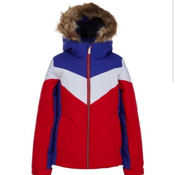 SPYDER Girls Lola Ski Jacket Red Blue Winter Jacket w Faux Fur Hood NWT $180 - Picture 7 of 9